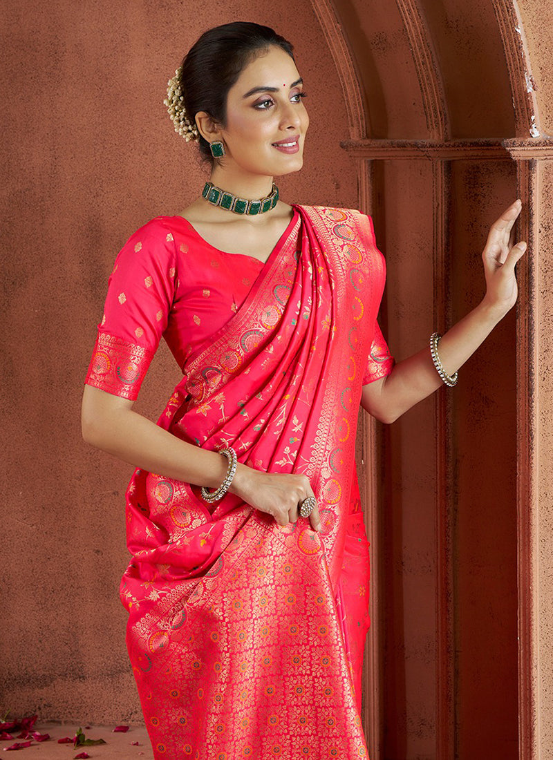 Banarasi Silk-Festival Wear Saree - Pinkish Red