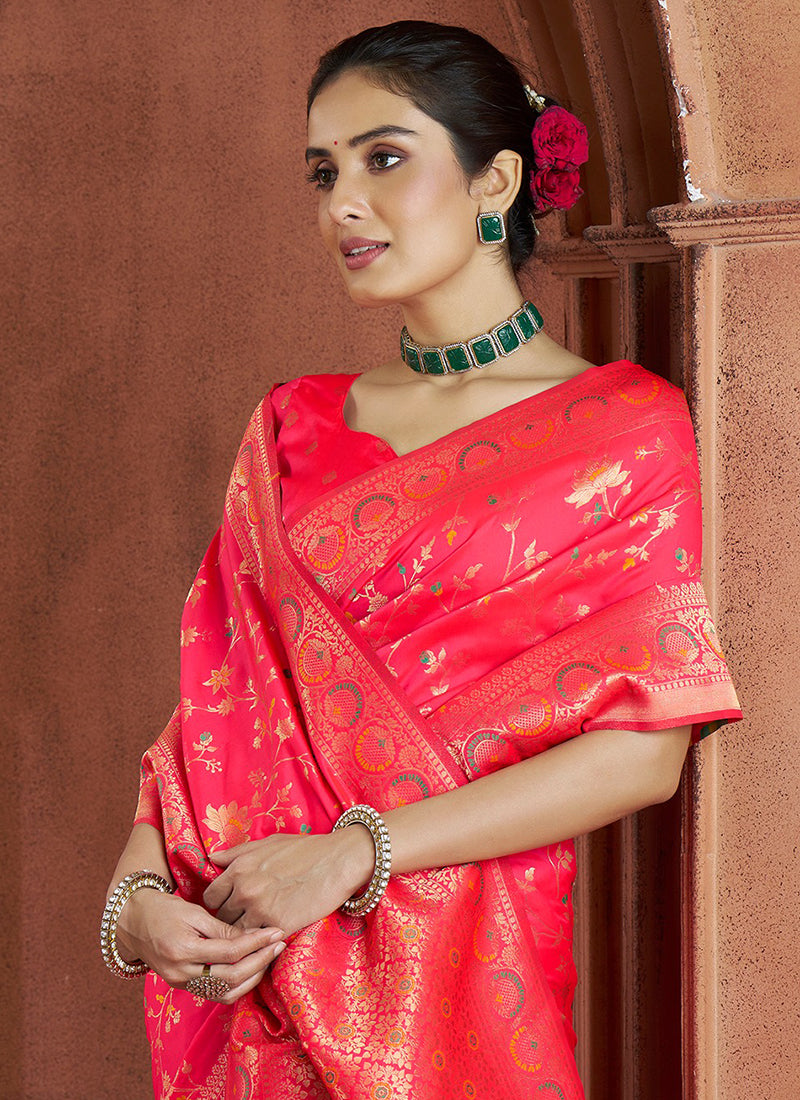 Banarasi Silk-Festival Wear Saree - Pinkish Red