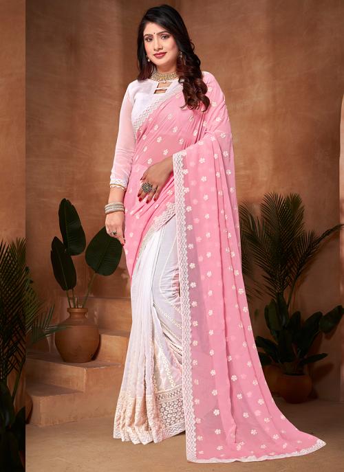 Georgette Festival Wear Embroidery Work Saree   Pink  Ready to Wear