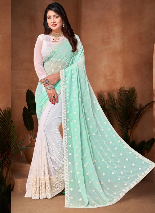 Georgette Festival Wear Embroidery Work Saree-Green -  Ready to Wear