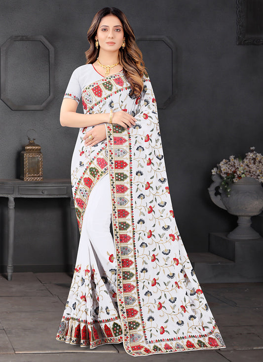 Georgette Festival Wear Sequins Work Saree  White